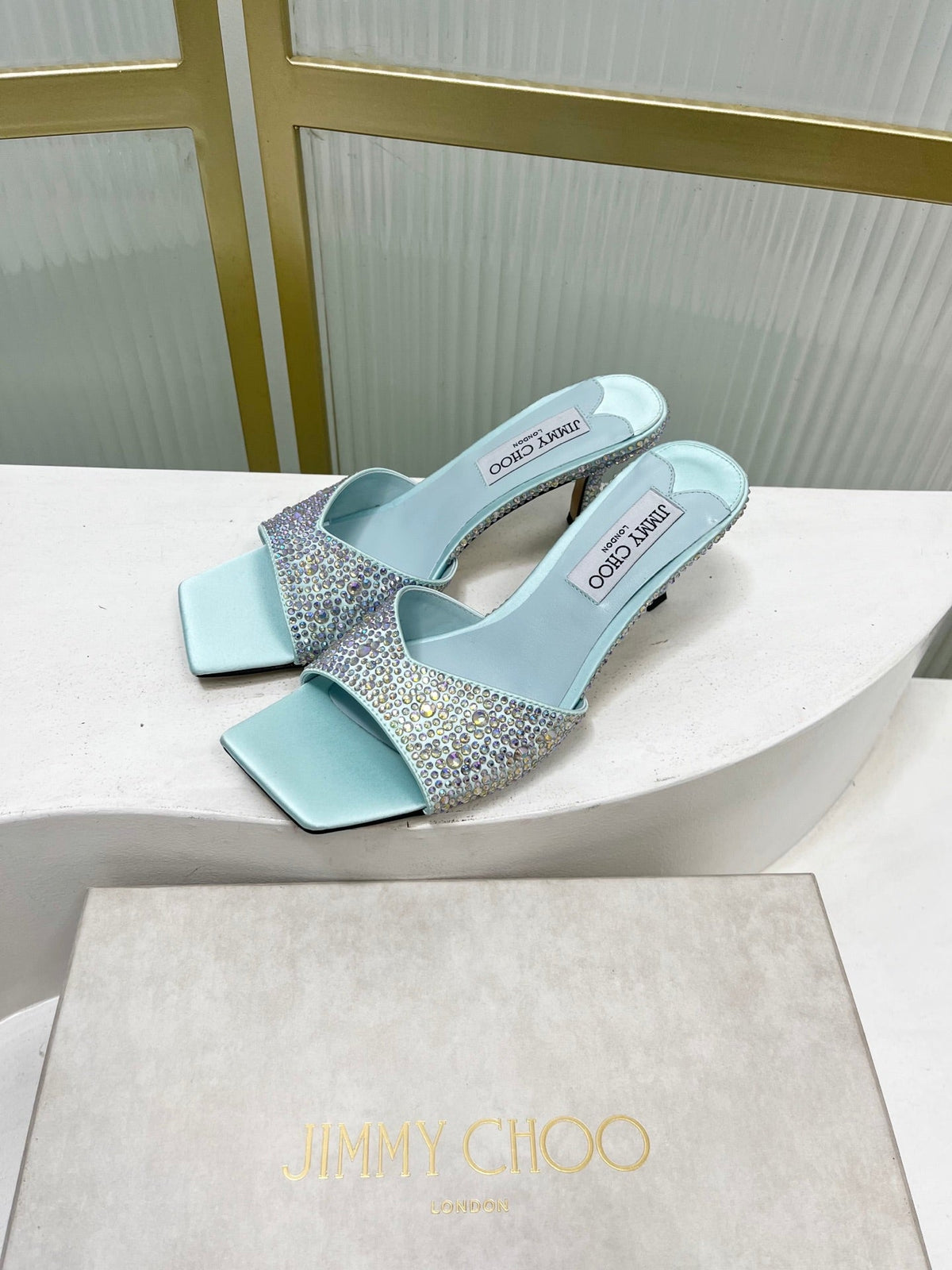 Jimmy 26s High-Heeled Slippers 65 Pastel Blue Diamond Sheepskin 605978