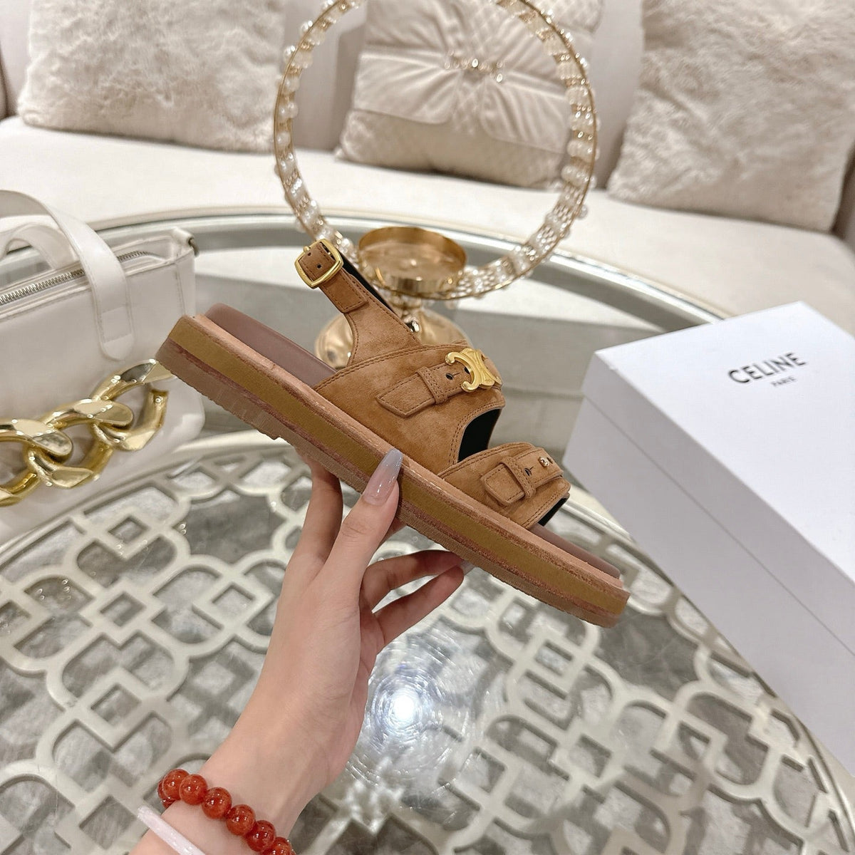 Celine 26 Tippi Triomphe Sandals In Suede Calfskin 736602