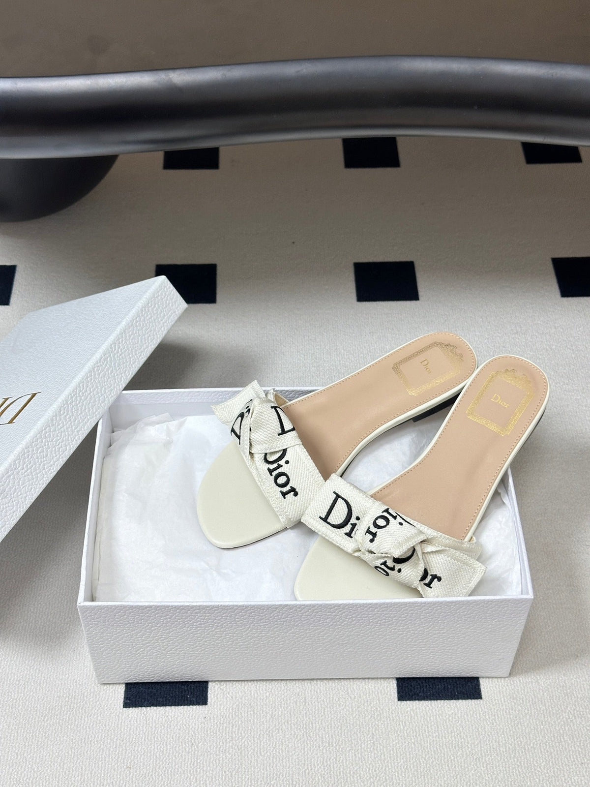 Dior 2026 J'Adior Classic Logo Webbing Bow Flat Sandals Fabric Leather 846993