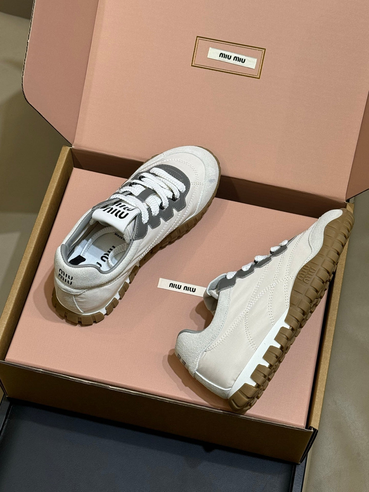 Miu Miu 2026 Tyre Sneaker White Grey Leather Suede 621351