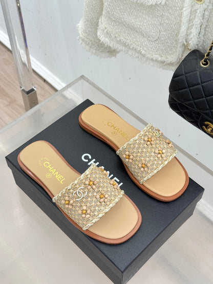 CC 2026 Flat Sandals Tweed Woven Sheepskin