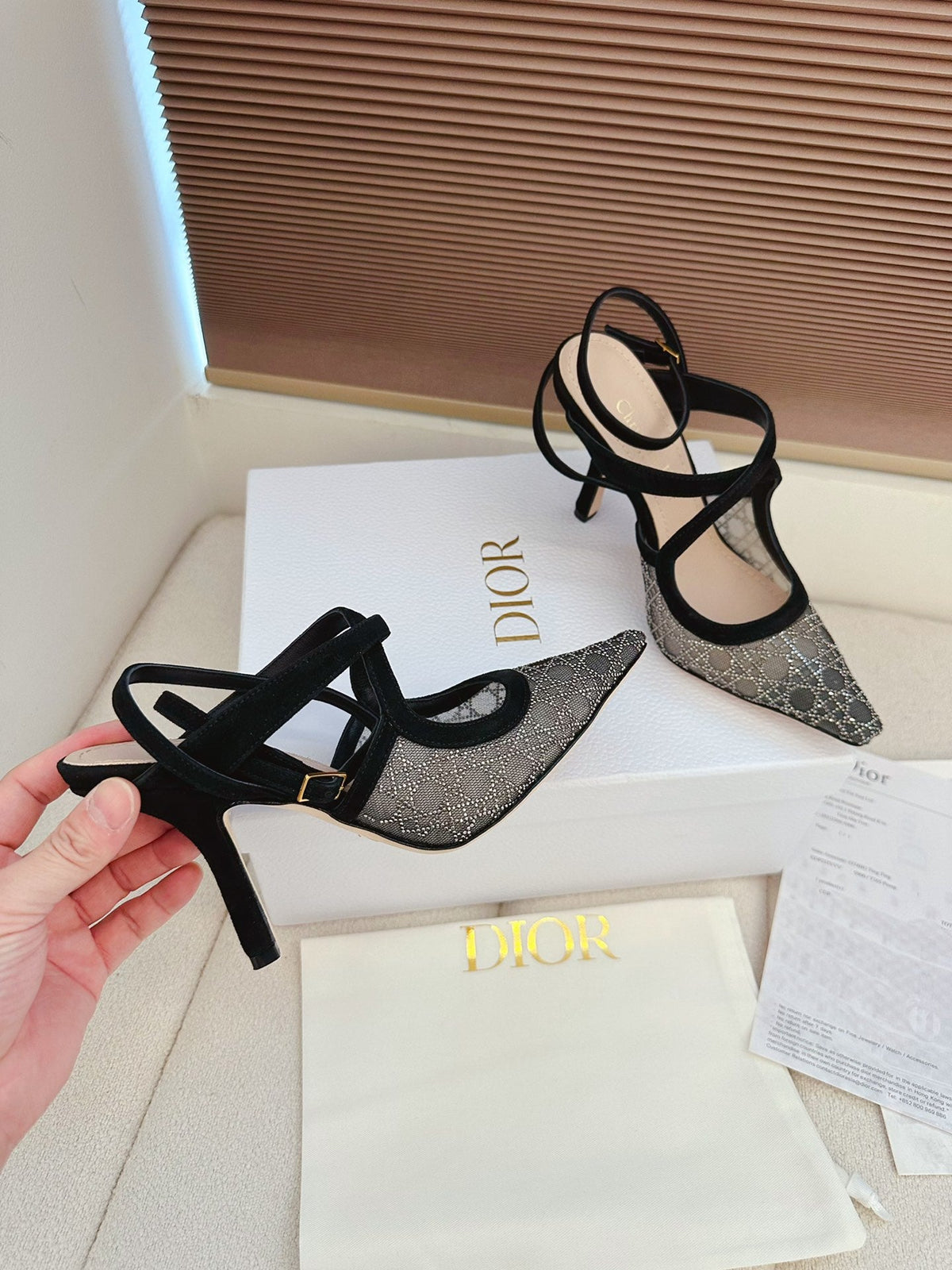 CD 26 High Heel 95 Black Beige Mesh Fabric Sheepskin 614894